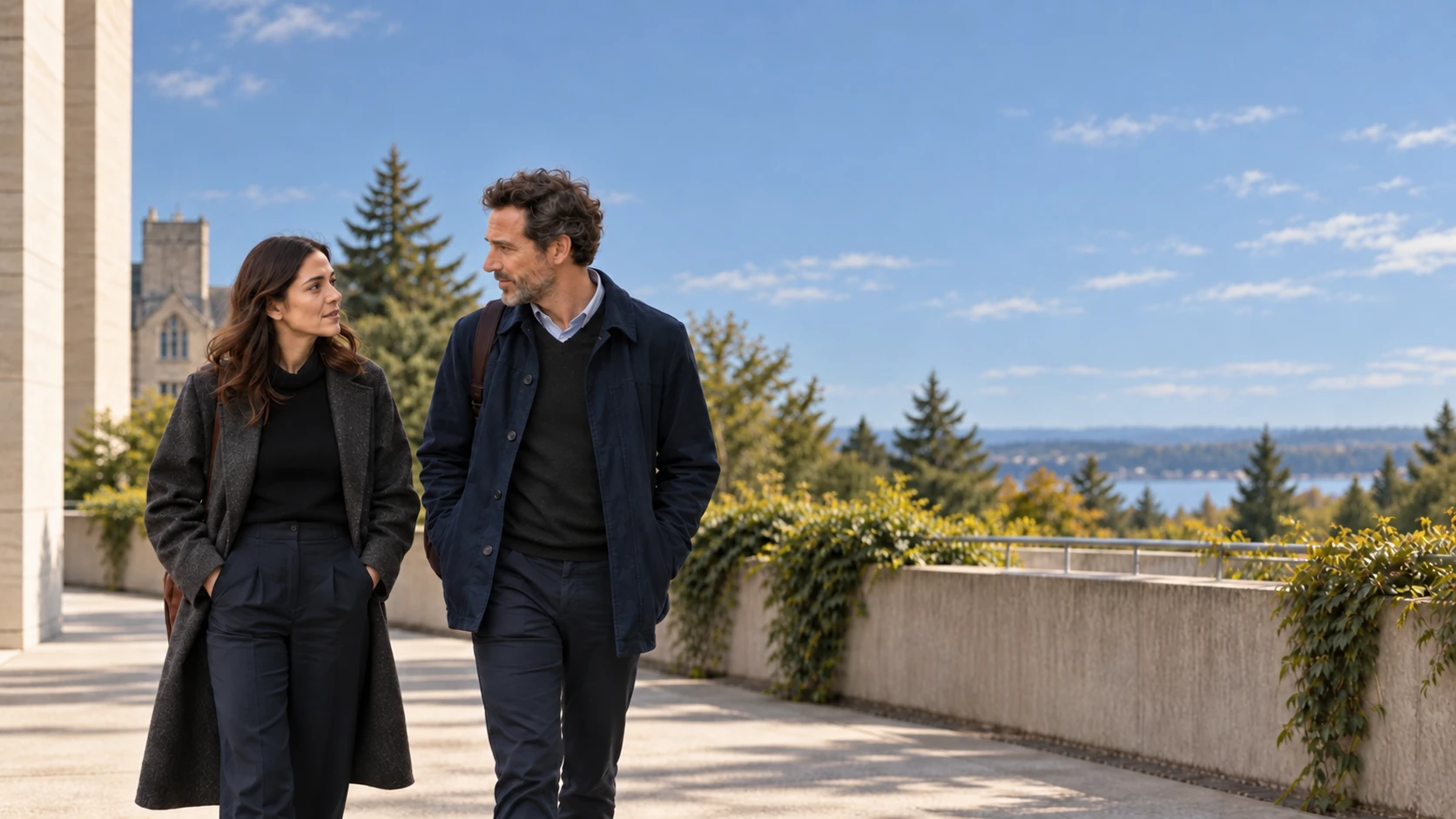 Fictional editorial scene: two people talking on a sunlit garden terrace